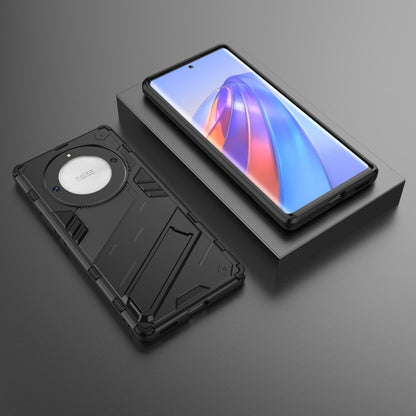Rugged phone case with circular back armor plate and built-in holder stand, black