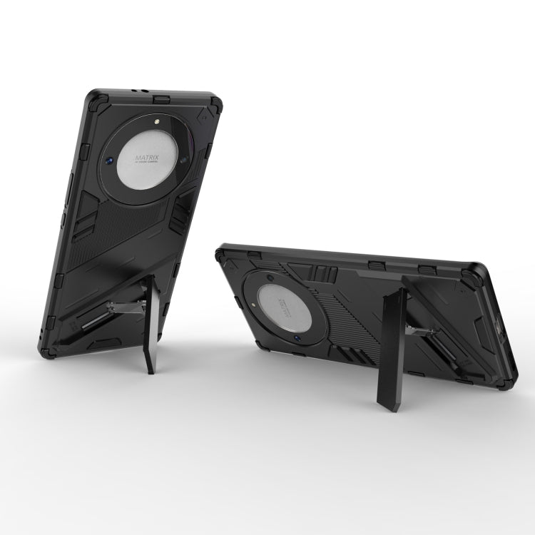 Black rugged phone case with flip-out holder stand and circular back armor plate