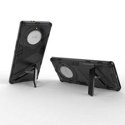 Black rugged phone case with flip-out holder stand and circular back armor plate