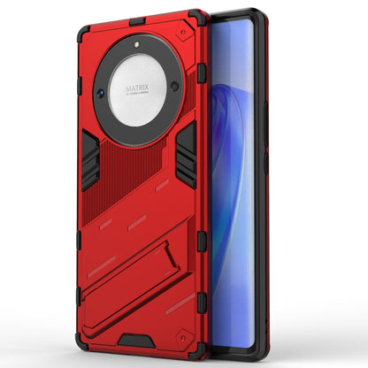 Red rugged phone case with circular back armor plate, PC shell, and holder stand