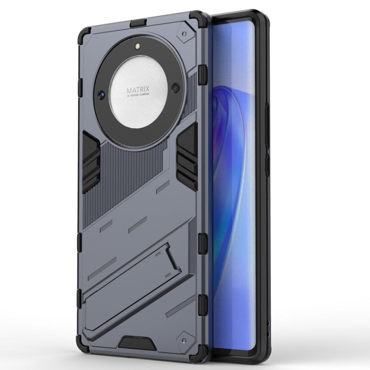 Grey rugged phone case with circular back armor plate, PC shell, and holder stand