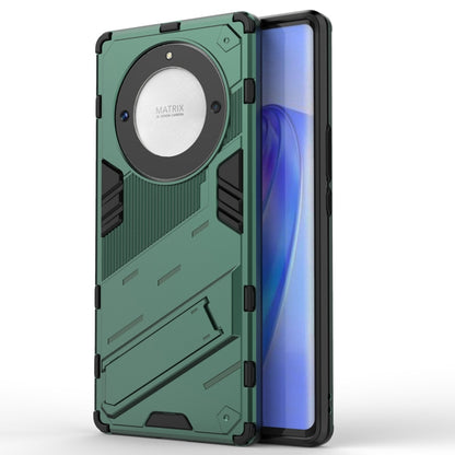 Green rugged phone case with circular back armor plate, PC shell, and holder stand