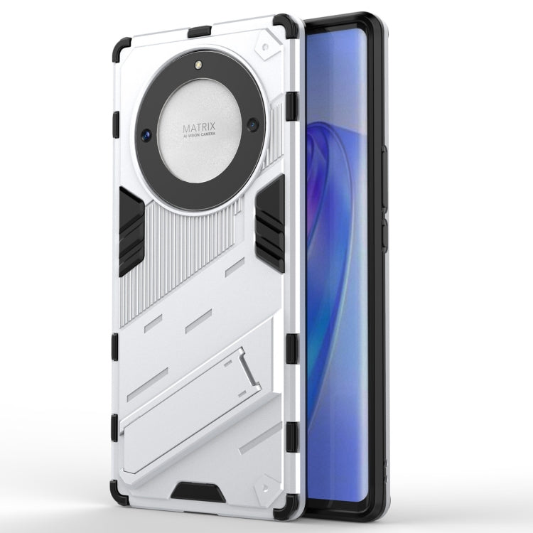 White rugged phone case with circular back armor plate, PC shell, and holder stand