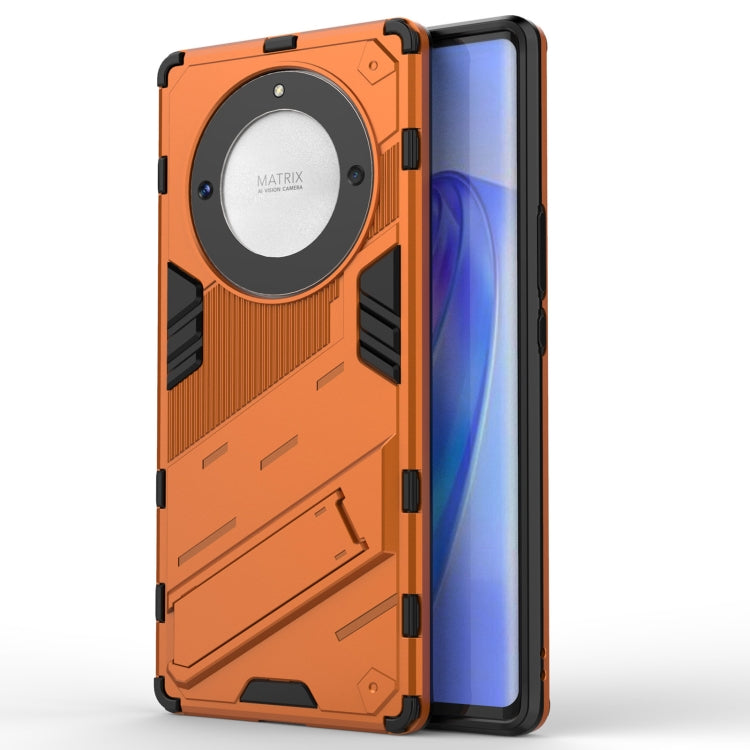 Orange rugged phone case with circular back armor plate, PC shell, and holder stand