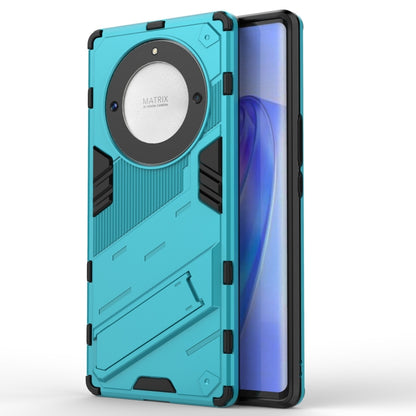 Light blue rugged phone case with circular back armor plate and holder stand