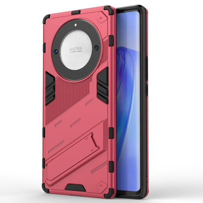 Punk armor phone case with holder, red rugged TPU/PC back with ring camera cover