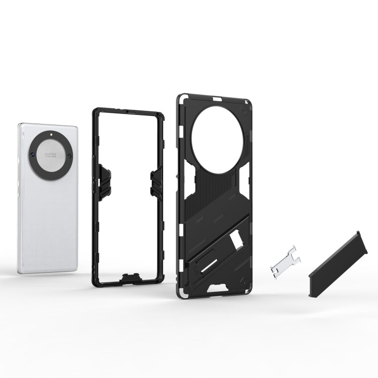 Punk armor phone case with holder, black rugged TPU/PC back and open frame views
