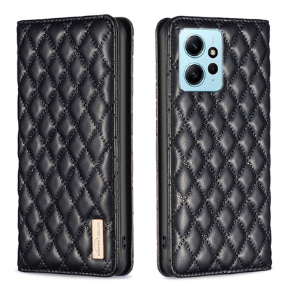 Black diamond-lattice magnetic leather flip phone case with camera cutout