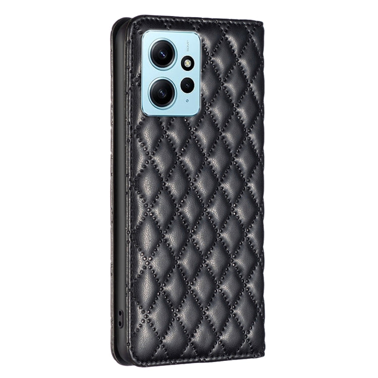 Black diamond-lattice leather flip phone case with camera opening