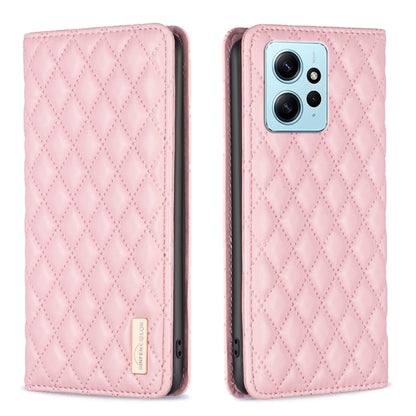 Pink diamond-lattice magnetic leather flip phone case with camera cutout