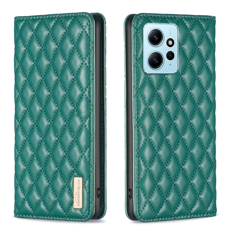 Green diamond-lattice magnetic leather flip phone case with camera cutout