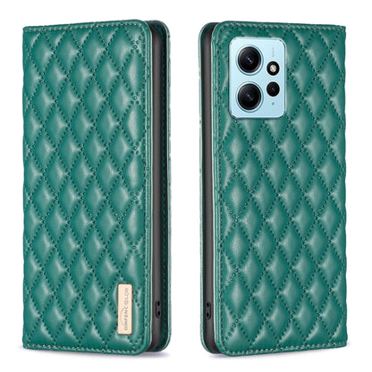 Green diamond-lattice magnetic leather flip phone case with camera cutout