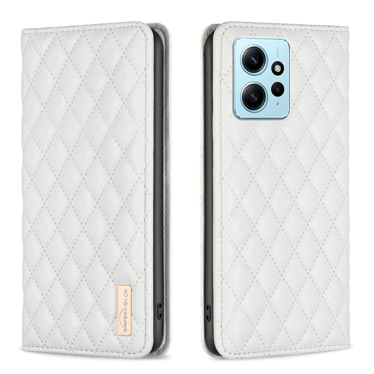 White diamond-lattice magnetic leather flip phone case with camera cutout
