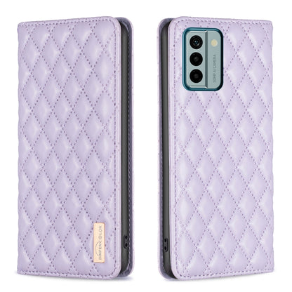 Magnetic leather flip phone case, lavender diamond lattice texture, front and back