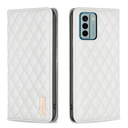 Magnetic leather flip phone case, white diamond lattice pattern, front and back