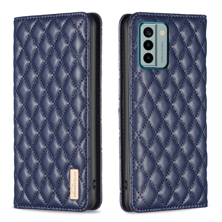 Dark blue magnetic leather flip case with diamond lattice, phone shown