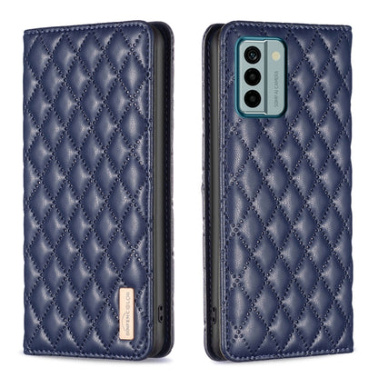 Dark blue magnetic leather flip case with diamond lattice, phone shown