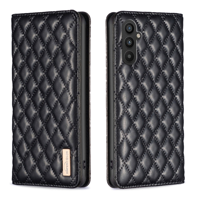 Black magnetic leather flip case with diamond lattice, phone shown
