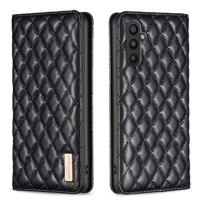 Black magnetic leather flip case with diamond lattice, phone shown
