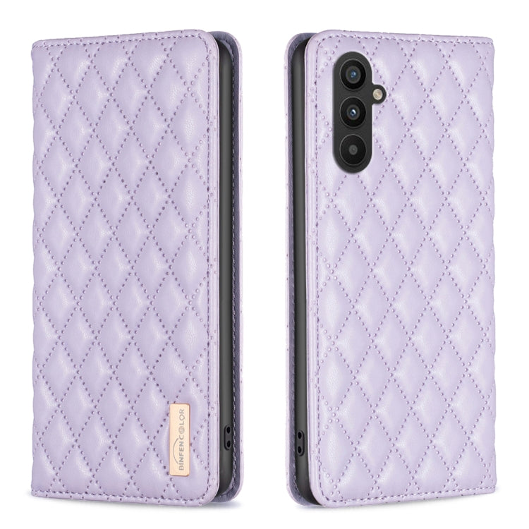 Lavender magnetic leather flip case with diamond lattice, phone shown