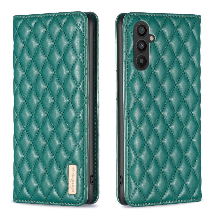 Diamond lattice leather phone case, teal green, front and back view