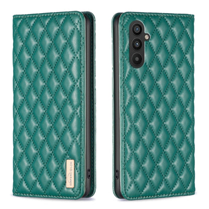 Diamond lattice leather phone case, teal green, front and back view