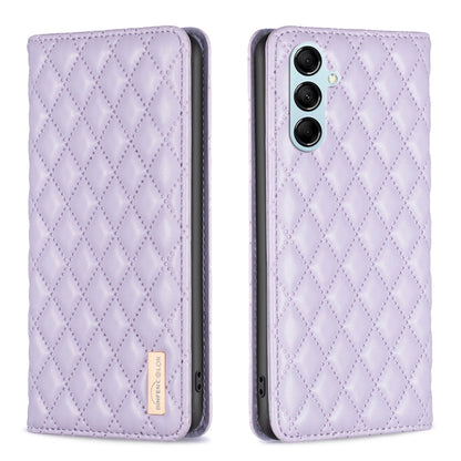 Diamond lattice leather phone case, lavender, front and back view