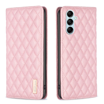 Diamond lattice leather phone case, light pink, front and back view