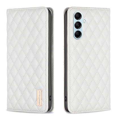 Diamond lattice leather phone case, white, front and back view