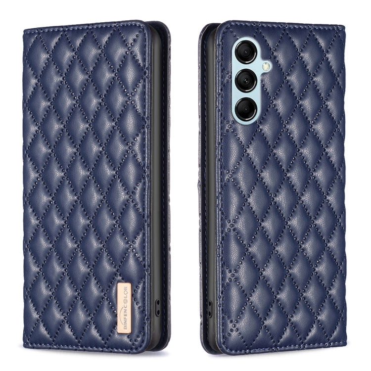 Diamond lattice leather phone case, navy blue, front and back view