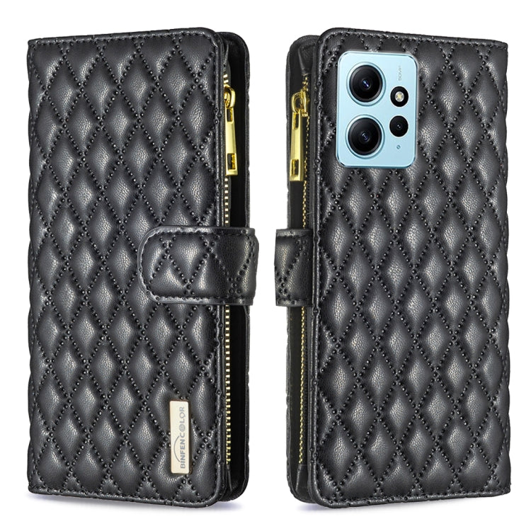 Black diamond-lattice leather flip phone case with zipper, wrist strap, and card holder