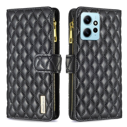 Black diamond-lattice leather flip phone case with zipper, wrist strap, and card holder