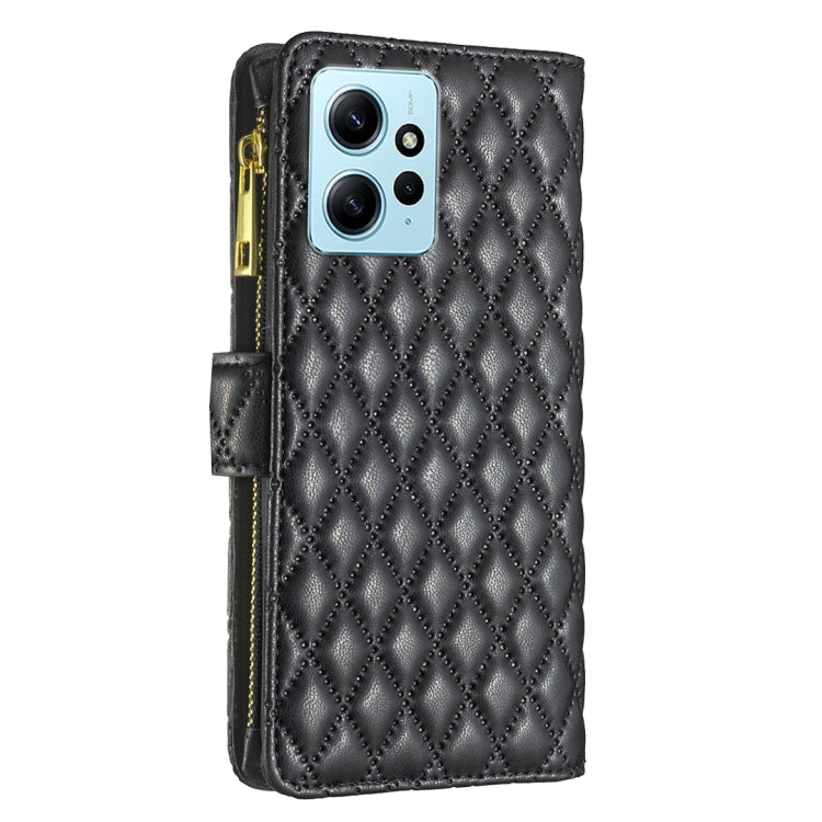 Black diamond-lattice leather flip phone case with zipper and card slot band