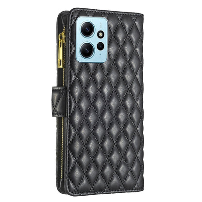 Black diamond-lattice leather flip phone case with zipper and card slot band