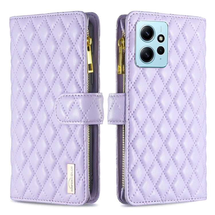 Purple diamond-lattice leather flip phone wallet case with zipper and card holder