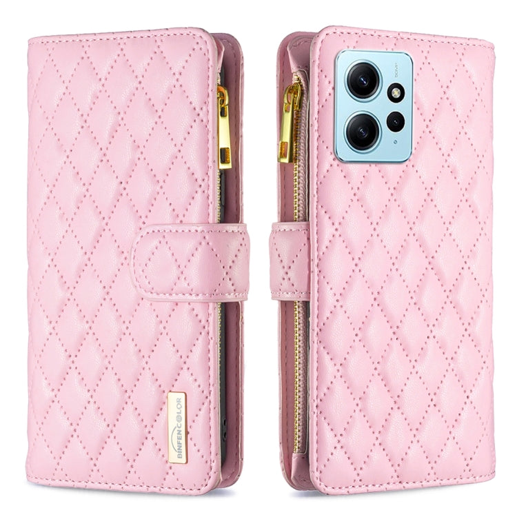 Pink diamond-lattice leather flip phone wallet case with zipper and card strap