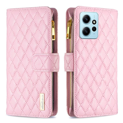 Pink diamond-lattice leather flip phone wallet case with zipper and card strap