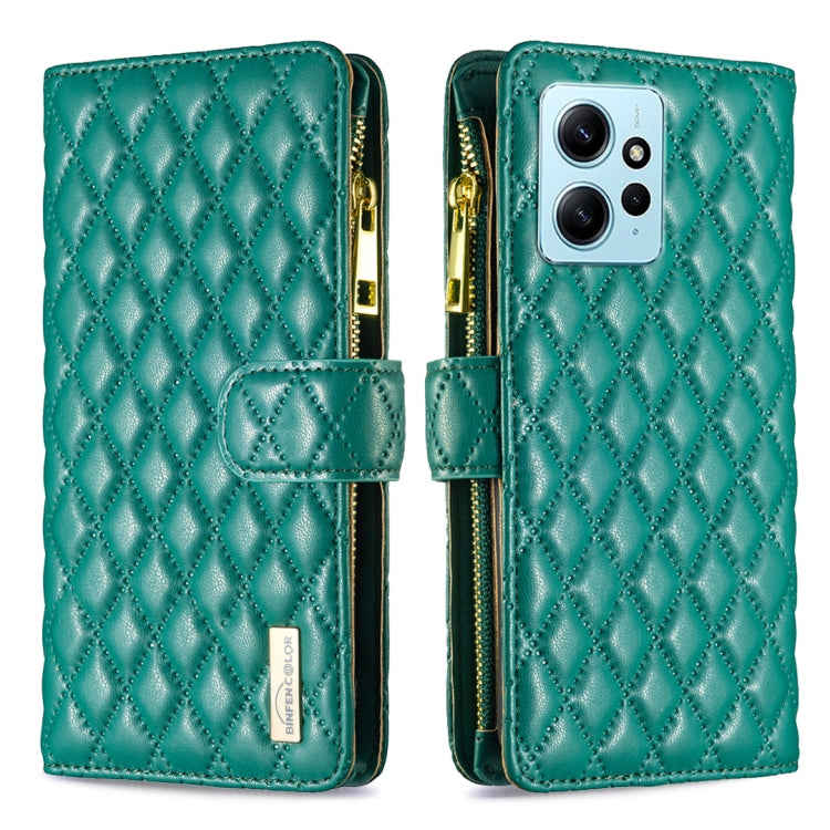 Green diamond-lattice leather flip phone wallet case with zipper and card holder