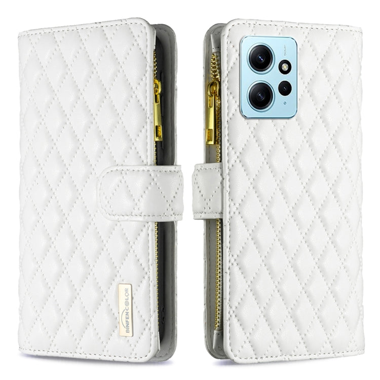 White diamond-lattice leather flip phone wallet case with zipper and card strap