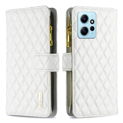 White diamond-lattice leather flip phone wallet case with zipper and card strap