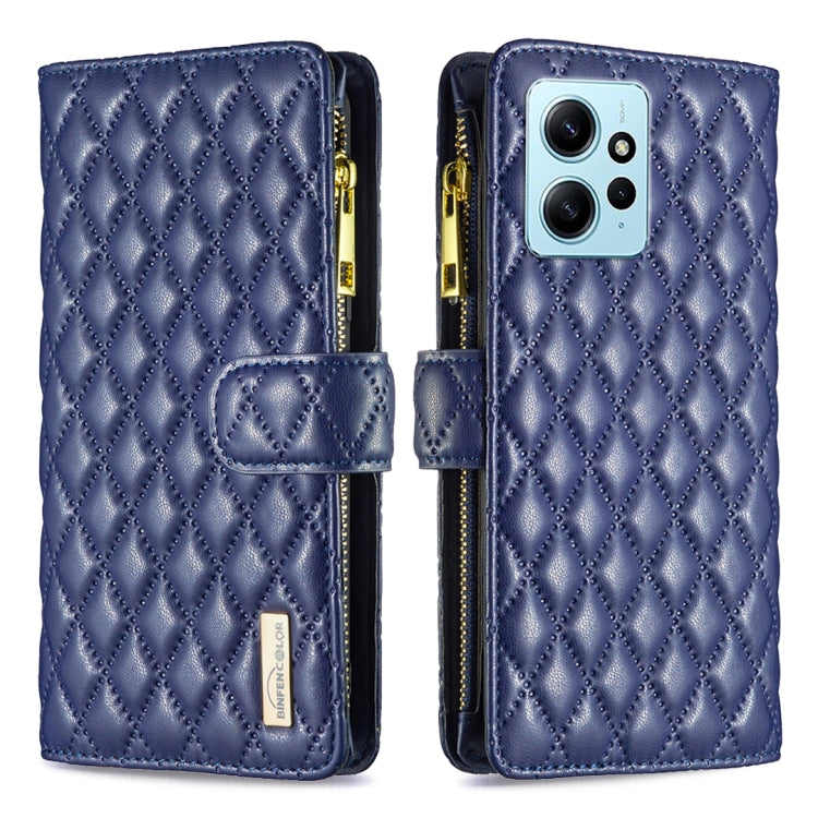 Blue diamond-quilt leather flip wallet case with zipper and magnetic strap, phone camera cutout