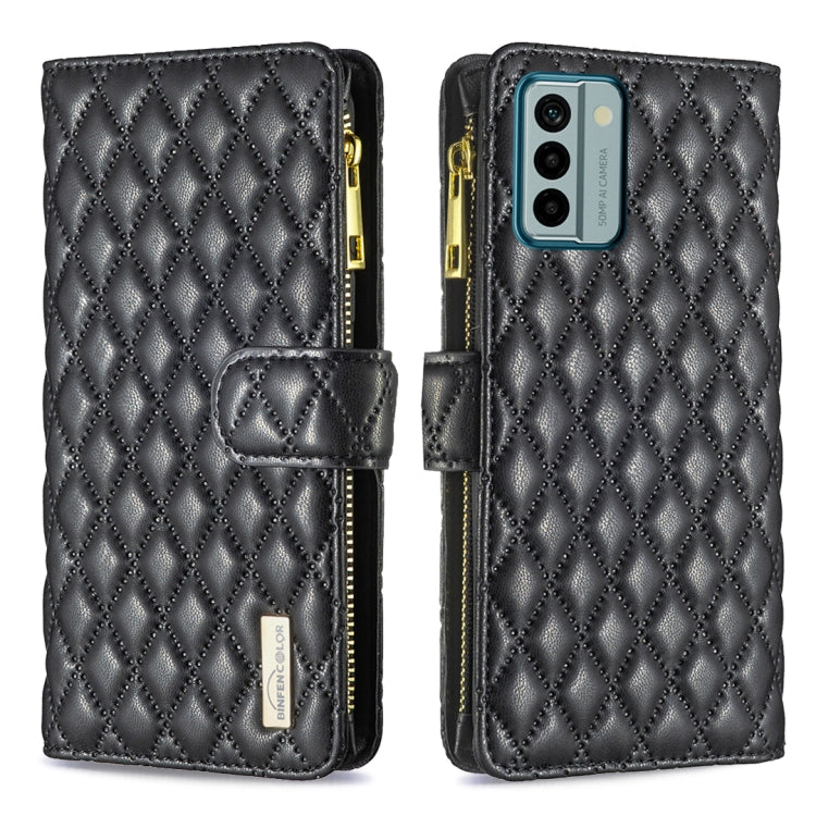 Black diamond-quilt leather flip wallet case with zipper and magnetic strap, phone camera cutout