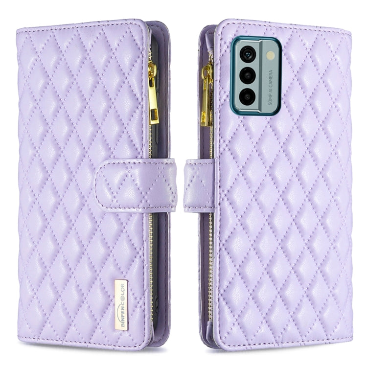 Purple diamond-quilt leather flip wallet case with zipper and magnetic strap, phone camera cutout