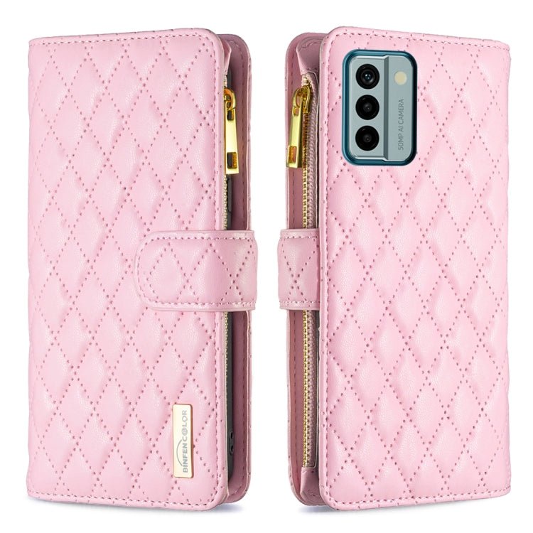 Pink diamond-quilt leather flip wallet case with zipper and magnetic strap, phone camera cutout
