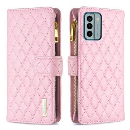 Pink diamond-quilt leather flip wallet case with zipper and magnetic strap, phone camera cutout
