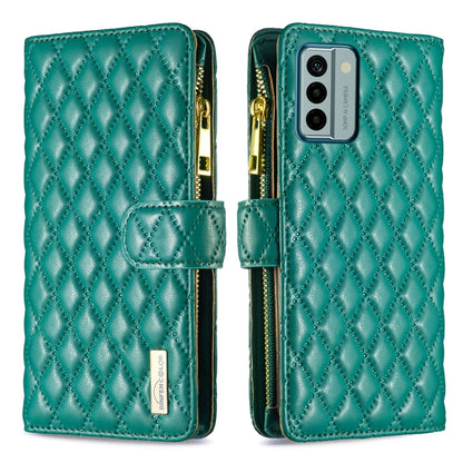 Green diamond-quilt leather flip wallet case with zipper and magnetic strap, phone camera cutout