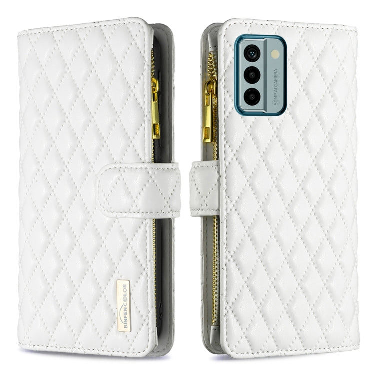 White diamond-quilt leather flip wallet case with zipper and magnetic strap, phone camera cutout