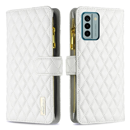 White diamond-quilt leather flip wallet case with zipper and magnetic strap, phone camera cutout