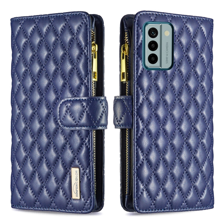 Blue diamond-quilt leather flip wallet case with zipper, front flap and camera cutout