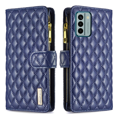 Blue diamond-quilt leather flip wallet case with zipper, front flap and camera cutout